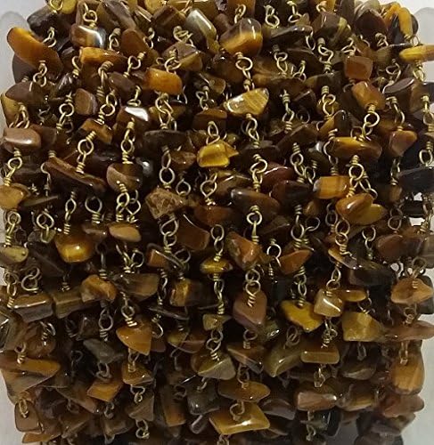 10 Feet Tiger Eye Uncut Beaded Chain - 24K Gold Plated wire wrapped Rosary Chain - Tiger Eye Chips Rosary Beaded Chain 3-4mm