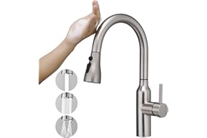 CREA Grifo de Cocina con Sensor Táctil extensible, Grifo de Cocina con Ducha dos Tipos de Chorro de Agua, Grifo Monomando de alta presión Giratorio 360° de Acero Inoxidable, cepillado mate