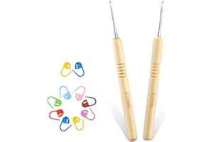 DEUDY 2 Stück Häkelnadeln, 2,0 mm–2,5 mm Häkelnadel-Set, Häkelnadel-Set für Anfänger, ergonomische Holzgriffe zum Häkeln mit Maschenmarkierern für Anfänger DIY-Stricker Häkelgarn