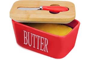 CHASE CHIC Butter Dish with Lid, Chasechic Ceramic Butter Keeper with Cover and Knife, 500ML Airtight Large Porcelain Butter Container,Red