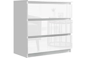 Blisswood High Gloss Chest of Drawer, 3 Drawer Bedroom Chest of Drawer Bedside Table Cabinet for Bedroom Living room Furniture, White, 70W x 40D x 77H cm