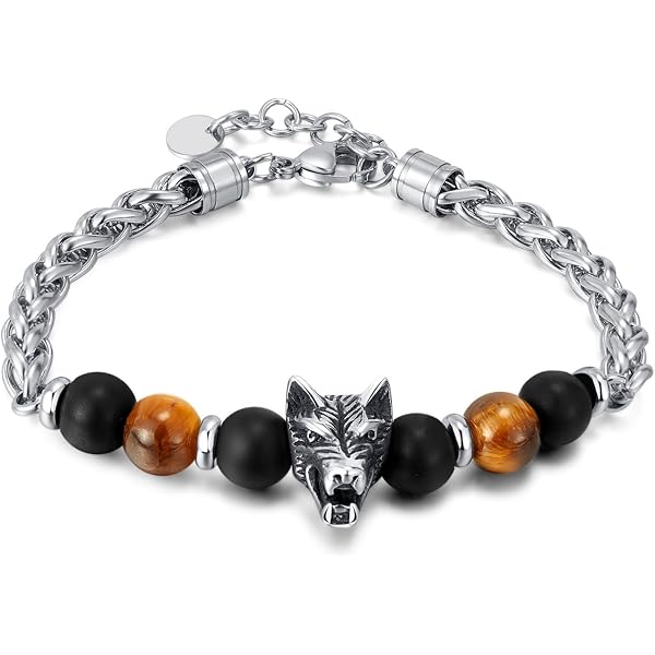 COOLSTEELANDBEYOND Uomo Testa di Lupo Bracciale, Acciaio Inossidabile Cavo Intrecciato Braccialetto del Polsino, Regolabile