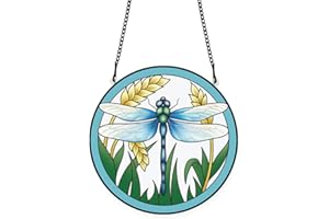 PLIGREAT Suncatchers Dragonfly Wheat Ears Acrylic Stained Glass Panel Spring Hanging Ornament for Bedroom Living Room Balcony Window Wall Decoration Pediments Garden Decor Housewarming Memorial Gift