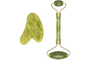 MUUZLL Jade Roller & Gua Sha Set - Face & Neck Massager, Eye Puffiness Treatment, Skin Tightening, Natural Green Slimming Massager (Roller-2)