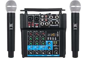 Micfuns MH02 Amplificateur audio 130 W, mélangeur 4 canaux avec double micro sans fil, console MP3 Bluetooth 48 V alimentation fantôme USB DJ mixage pour maison, karaoké, fête, ordinateur, studio
