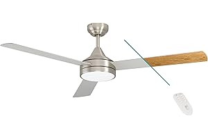 EGLO Deckenventilator SESIMBRA, 3 Flügel Ventilator mit Licht, nickel, Wendeflügel aus Holz Eiche oder silber, Fernbedienung, Sommer Winter Betrieb, warmweiß–kaltweiß, dimmbar, Ø132cm