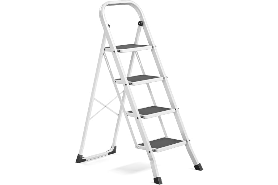 SONGMICS Escalera de Tijera, Escalera con 4 Peldaños, Peldaño Plegable, Bloqueo de Seguridad, Fácil de Guardar, Carga hasta 1
