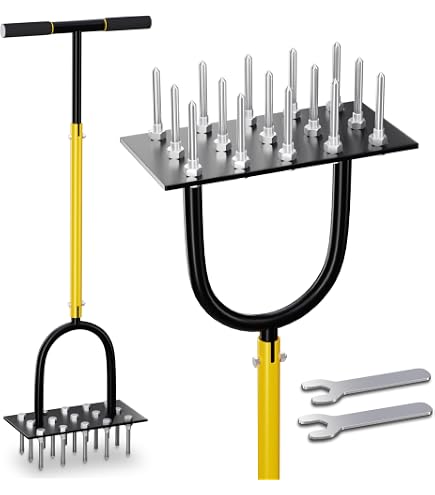 Walensee Manual Lawn Aerator – 15 Iron Spikes, T-Handle, For Dethatching & Soil Aeration, Grey