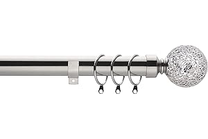 Home Harmony® Cut Glass Ball Finial Telescopic Extendable Curtain Pole set In Black or Silver and Matching Holdbacks Available (Silver, 180-340 cm)