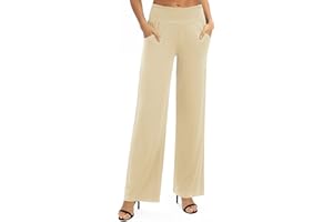 EXCHIC Donna Solido Sciolto Gamba Dritta Palazzo Pantaloni A Vita Alta Elastico Casual Pantaloni con Tasche