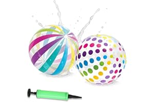 Snowtain Ballons de Plage Gonflables avec Pompe – Lot de 2 Balles d’Eau PVC (40 cm) pour Enfants & Familles – Rayé Multicolore & Pois – Jouet Été pour Jardin, Piscine, Vacances