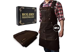 ECOZEN LIFESTYLE ecoZen 16oz Waxed Canvas Work Apron with Tape Holder - 27 x 34 inches Shop Apron with Elastic Back Strap and Front Pockets, Fully Adjustable, Tough Protection for Men - Brown