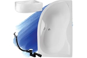 POLIMAT BADLAND Badewanne Original Weiß Acryl Wanne Eckbadewanne DORA 170x110 Rechts KOMPLETTSET SET mit Weiß Acrylschürze + Füßen und Exklusive Chrom Automatik Ablaufgarnitur Made in EU 4in1