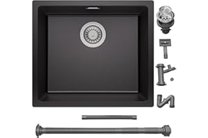 AuraLum pro Fregadero Cocina 1 Seno 50 x 44 cm, Fregadero Negro de Granito, Fregadero Bajo Encimera o Sobre Encimera, Fregadero al Mueble más de 50 cm