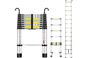 Rewing Telescopic Ladder Extendable Ladder 2.6M/8.53FT Stainless Steel Thickened High-Ladders extendable with Stabilizer Bar and Detachable Hooks, Multi Purpose Extendable for Roof Caravans Attic