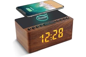 ANJANK Bedside Wooden FM Radio Alarm Clock,Super Fast Wireless Charger Station for Iphone/Samsung Galaxy,USB Charging Port, 5 Level Digital Dimmable Led Display,Mains Powered with Backup Battery