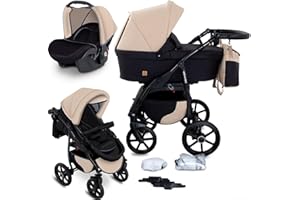 GaGaDumi Boston 3 en 1 Cochecito para Bebé con Silla de Auto - Carrito de Bebé Completo con Ruedas Grandes, Bolso y Accesorios Incluidos - Homologado TÜV Beige Negro