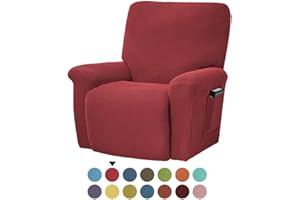 Fansu Funda de Sillón Relax, Color sólido Jacquard Elasticidad para Sillón Relax Funda Reclinable con Bolsillos Laterales, 1 Plaza/4 Piezas Extraíbles y Lavables Fundas Protector (Rojo)