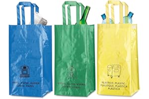 BLUECHOLON Set di sacchetti riciclaggio spazzatura, 3 sacchetti, confezione con sacchetto per riciclaggio blu, verde e giallo per riciclare plastica, vetro, carta e cartone, durevoli, 23 l, con