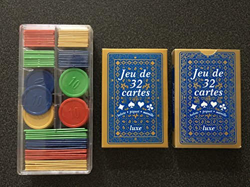 Equilibre et Aventure  Lot de Deux Jeux de 32 Cartes + 100 jetons : Poker, belote, Piquet, Manille, coinche, Bataille, menteur, soufflette, big up, Jeu des Chevaliers, Maitre du Jeu, biskit, etc