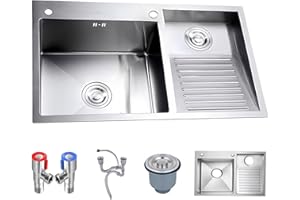 ATHOMASM Fregadero De Acero Inoxidable Con Tabla De Lavar: Lavabo Para Uso General Hecho A Mano Para Lavadero, Taller Y Garaje: Acabado Cepillado Duradero, Lavabo Profundo Con Drenaje Eficiente(Right-a,80cm)