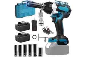 Taitus 1/2 Inch Cordless Brushless Impact Wrench,18V Powerful brushless Motor,700NM of max Torque and max 2800rpm Speed, with 6 Impact Sockets,2 Batteries