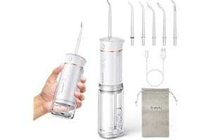 ENPULY Idropulsore Dentale Portatile, Idropulsore da Viaggio, 200ml Irrigatore Dentale Cordless,1 Borsa da Viaggio & 5 Beccucci, 3 Modalità & 5 Pressioni Regolabili, Bianco