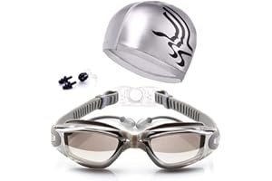 Canst Kaser Ajustable conjunto de gafas de natación y gorra, sin fugas antiniebla, protección UV de triatlón con pinza-nariz, tapones para los oídos, carcasa para adulto y mujer juvenil