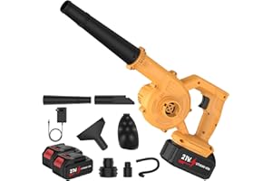 UOEONR Soplador de hojas de 21 V, 360 W, soplador de hojas inalámbrico con batería y cargador 23000r/min 3,3 m³/min,Función 2 en 1 para el mantenimiento del césped (2 batería/amarillo)