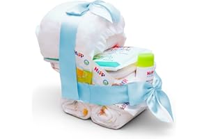MilaBoo® Gâteau de couches pour poussettes avec produits Hipp bleu I Cadeau de naissance ou de baptême I Gâteau de couches premium garçon fait main pour fête de bébé I Made in Germany