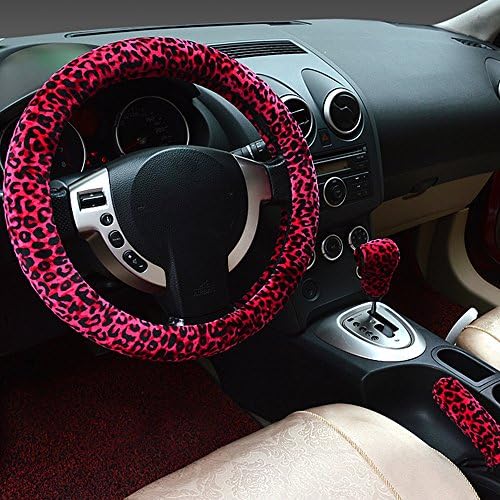 3pcs/Set Universal Fit Plush Car Steering Wheel Cover 37-39CM/15" Anti Slip Breathable Protector Leopard Print Warm Auto Accessory for Winter Autumn - Red