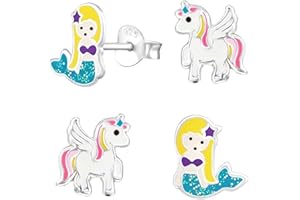 GOLDENE HUFEISEN Lot de 2 paires de boucles d'oreilles pour fille en argent 925 avec émail licorne sirène