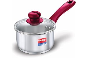 Prestige Platina Popular Stainless Steel Gas and Induction Compatible Sauce Pan with Glass Lid, 140 mm