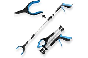 LINKINNO Faltbare Greifzange mit Magnet, Aluminium Müllzange Ergonomischer Greifer mit starkem Griff, Extra Langer Greifarm und 360° Drehkopf für Senioren(91cm, Blau)