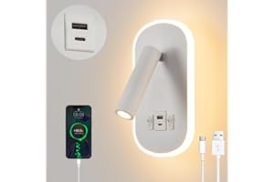 KUKAK LED Liseuse de chevet,Applique Murale avec interrupteur,USB + TYPE C port de charge Luminaire Murale,3W 3000K + 9W 6000K éclairage d'ambiance de chambre à coucher,Spot réglable Lampe de Lecture Blanc