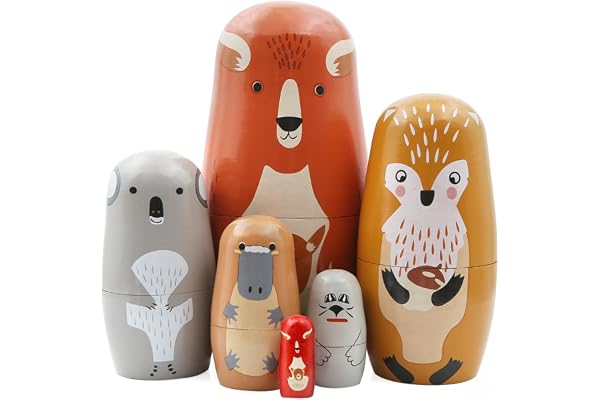 Lot de 6 poupées gigognes en Bois avec Animaux, Dessin animé Mignon Australie Kangourou Koala poupées Russes Faites à la Main pour Enfants, Cadeau de Noël, décoration de fête d'anniversaire
