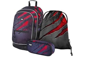Baagl Schulrucksack Set 3 Teilig, Schultasche für Grundschule Volksschule, Grundschule Ranzen mit Brustgurt, Ergonomischer Schulranzen (Volcano 3)