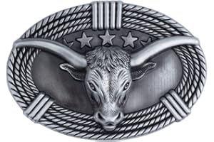 LONGCREEK Hebilla de cinturón toro para hombre, hebilla de cinturón toro longhorn, hebilla de cinturón ovalado toro, hebilla de cinturón cabeza toro cuerda, hebilla de cinturón de vaquero occidental, De plata,