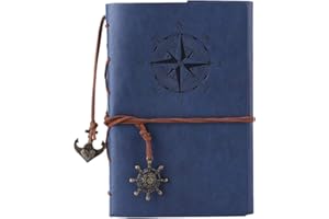 Maleden, diario di viaggio in pelle ad anelli, motivo bussola e ciondolo sul retro Sea Blue