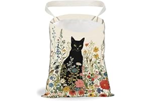DELORIGIN Auto Müllsack Mit Schwarzem Katzen Wildblumen Aufdruck Tragbarer Müllsack Zum Aufhängen Mit Druckknöpfen Mülleimer Für Damen Und Herren Autozubehör Küche Zuhause Reisen
