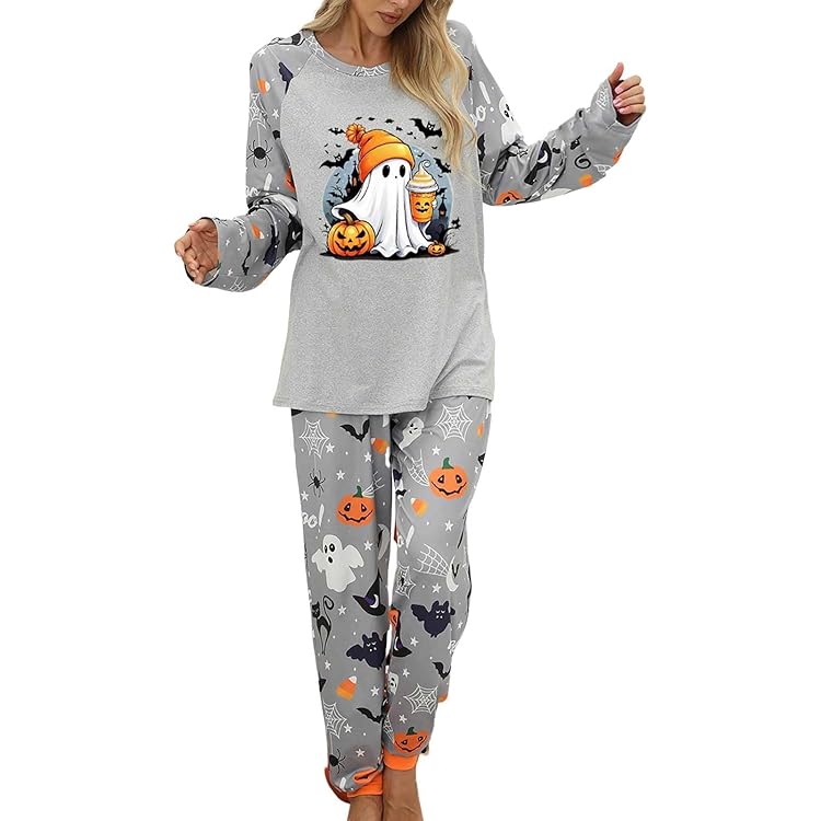 HUIFUAO Halloween Pyjama Set Damen - 2-teilig Mit Kürbis-Geist-Print