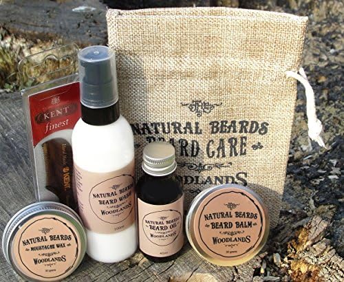 Beard Grooming Kit - Natural Beards Complete Beard products for men with a Kent Hand Made Moustache Comb (6 Products) Woodlands Range- Includes: Beard Wash, Beard Balm, Beard Oil and Moustache Wax- Made from 100% UK Sourced Ingredients- The Perfect Beards Products Gift Set for the Urban Beardsman.SPECIAL OFFER ALL KITS NOW COME WITH FREE BOAR HAIR BEARD BRUSH.