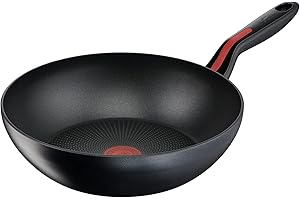 Lagostina Linea Rossa Wok Antiaderente in Alluminio, Ø 28 cm, Pentola Induzione, Gas e Forno Fino a 175 °C, Indicatore Cottura Thermosignal, Manicature in Silicone Antiscivolo