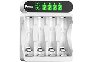 POWXS Batterie Ladegerät für NI-MH NI-CD AA AAA Akkus, 4 Ladeplatz Akku Ladegerät mit Großer LCD Anzeige, Universal Schnell Akkuladegerät Micro USB & Typ-C Eingang Sichere AA AAA Batterie Ladegerät