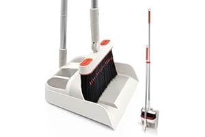 JEHONN Set di Paletta e Spazzola con Manico Lungo, Scopa Alta e Paletta Verticale in Acciaio Inox con Scopa a Girevole a 180 Gradi, 1 Porta spazzole per Esterni, Interni, Giardino (Grigio & Rosso)