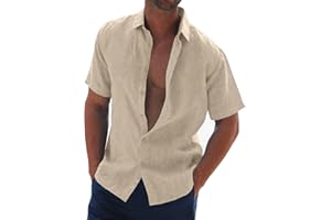Halfword Uomo Camicia Lino Manica Corta Estiva Casual Risvolto Cotone Hawaiian Tinta Unita Vacanze Beach