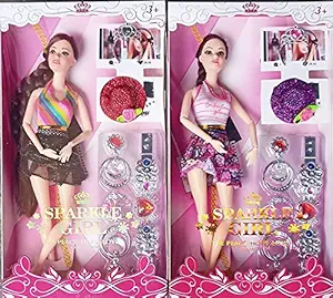 AB99 COLLECTION Modern Long Hair Sparkle Doll Set for Kids Girls with Foldable Hands and All Accessories for Baby Girls, Playing Item (Set of 2)