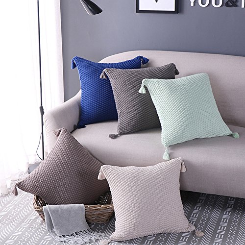 mixinni® Haus Dekor Kissenbezug Baumwolle Gestrickt Zierkissenbezug Dekorative Quadrat Sofa/Bett/Auto/Stuhl Dekokissen Bettkissen Quaste Stil Kissenhülle 45*45cm - 2