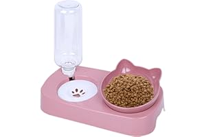 Cdemiy Cat Bowl, 15°Tilted Cat Bowl with Gravity Water bottle, Non-Slip Raised Cat bowl, Kitten Food Bowls Wet and Dry Food Feeding, for Small and Medium Pets Cats Puppies (Pink)