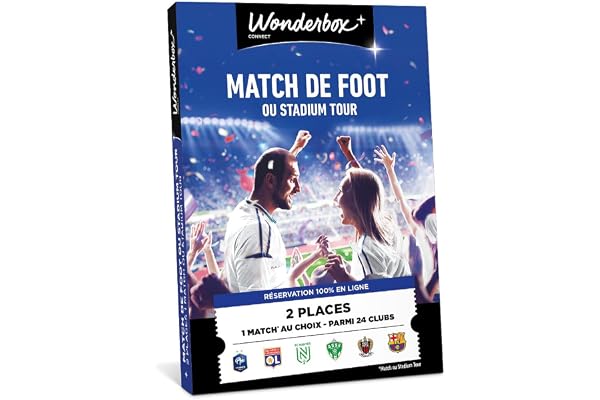 Wonderbox Connect - Coffret Cadeau - 100% Foot - 2 places pour 1 match au choix - Parmi 24 clubs de Football - Validité 27 mois